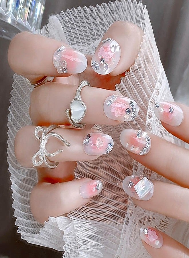 RikView Almond Press on Nails Short Fake Nails Pink Nails with 3D Rhinestones Glossy Full Cover Nails for Women 24 PCs/Set - Image 1